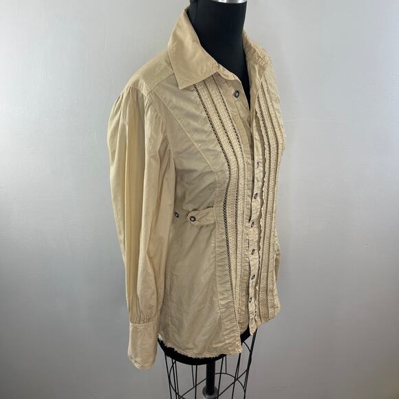 FREE PEOPLE Beige 6 Top Cotton Button-Up Collared Ruffle Long Sleeve Regular Fit - Picture 5 of 9